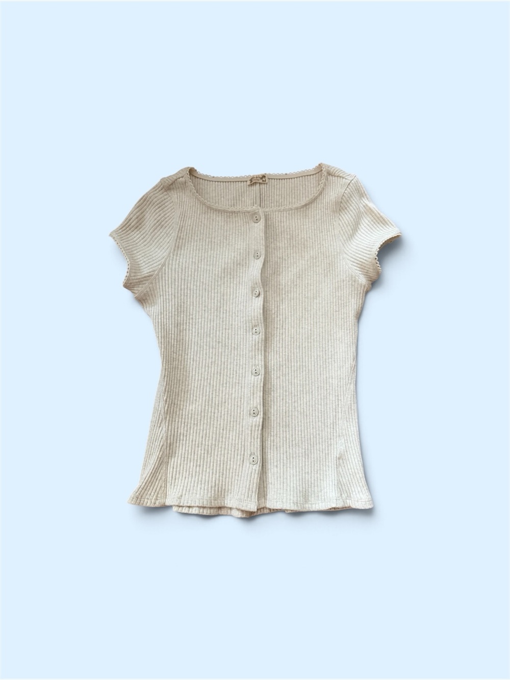 Free People Ribbed Button-Front Short Sleeve Top - Cream